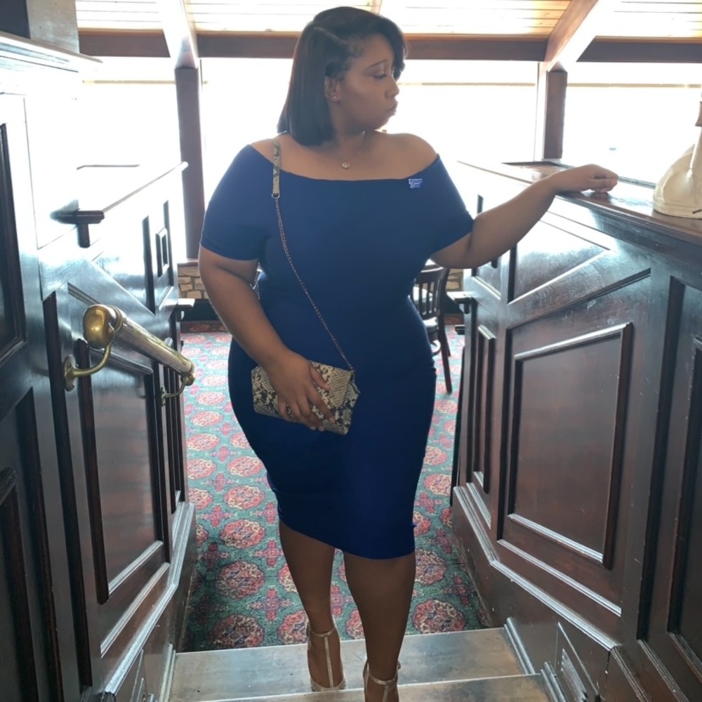 Off the shoulder blue dress